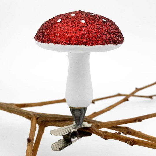 Ruby Red Glittered Spun Cotton Clipping Mushroom Ornament ~ Made in Germany
