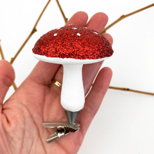 Ruby Red Glittered Spun Cotton Clipping Mushroom Ornament ~ Made in Germany