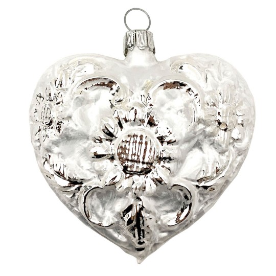 Large Matte White & Silver Blown Glass Heart Ornament ~ Germany ~ 3" tall