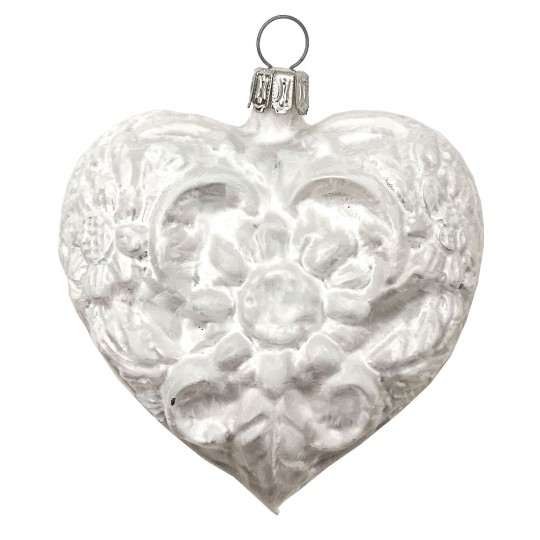 Large Matte White & Silver Blown Glass Heart Ornament ~ Germany ~ 3" tall