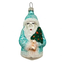 Matte Aqua Blue Santa with Glittered Tree Blown Glass Ornament ~ Germany ~ 3" tall