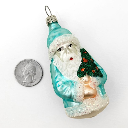 Matte Aqua Blue Santa with Glittered Tree Blown Glass Ornament ~ Germany ~ 3" tall