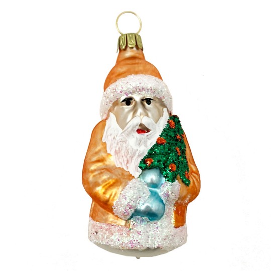 Matte Copper Santa with Glittered Tree Blown Glass Ornament ~ Germany ~ 3" tall