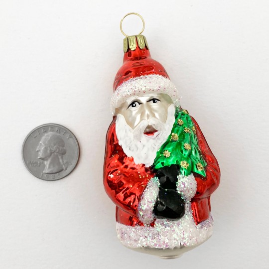 Red Santa with Glittered Tree Blown Glass Ornament ~ Germany ~ 3" tall