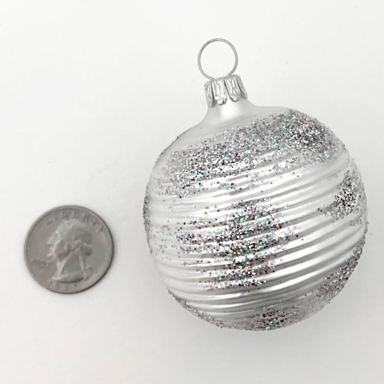 Matte Silver Blown Glass Striped Ball Ornament ~ Germany ~ 2" tall