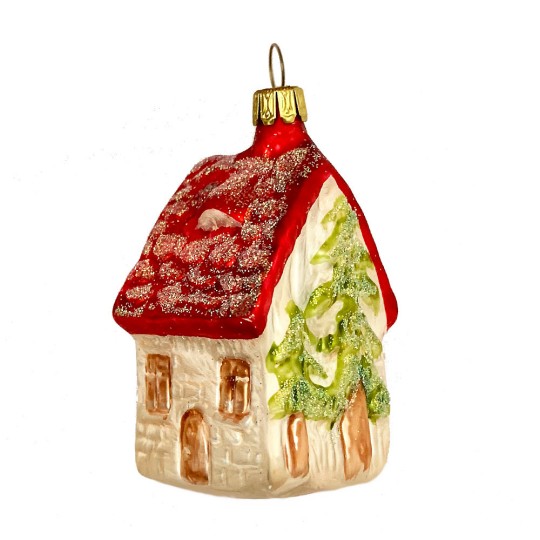 Red Roof Cottage Glass Ornament ~ Germany ~ 2-1/2" tall