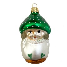 Blown Glass Green Cap Mushroom Boy Ornament ~ Czech Repub. ~ 3" long