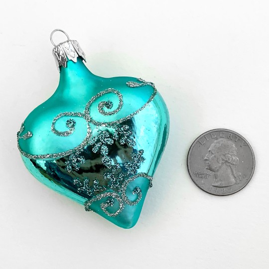 Aqua Glittered Heart Ornament ~ Czech Republic ~ 2-1/2" tall