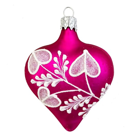 Hot Pink Floral Heart Ornament ~ Czech Republic ~ 2-1/2" tall