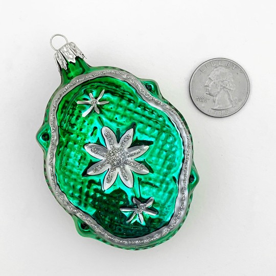 Green Quilted Fantasy Shape Blown Glass Ornament ~ Czech Republic ~ 3-1/4" tall