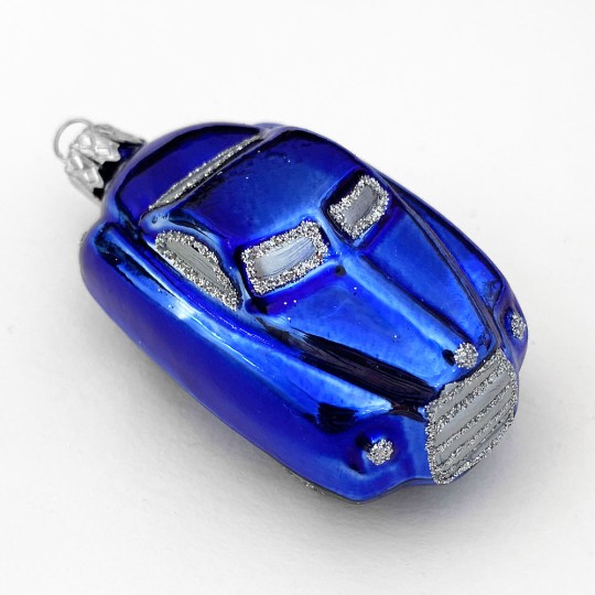 Glossy Blue Car Blown Glass Ornament ~ Czech Republic ~ 2-5/8" long