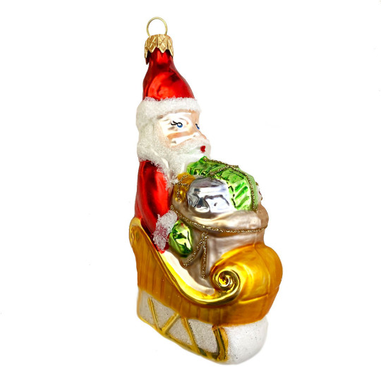 Large Blown Glass Santa in Sleigh Ornament ~ Czech Repub. ~ 5" tall
