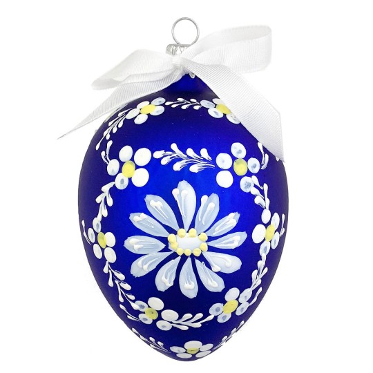 XL Folkloric Blue Egg with Flowers Blown Glass Ornament ~ Czech Republic ~ 3-3/4" tall