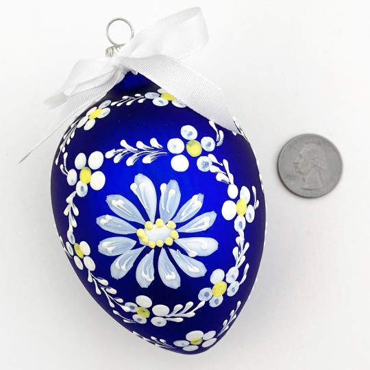 XL Folkloric Blue Egg with Flowers Blown Glass Ornament ~ Czech Republic ~ 3-3/4" tall