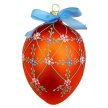 XL Folkloric Orange Egg with Flowers Blown Glass Ornament ~ Czech Republic ~ 3-3/4" tall