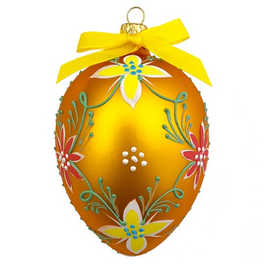 XL Folkloric Goldenrod Egg with Flowers Blown Glass Ornament ~ Czech Republic ~ 3-3/4" tall