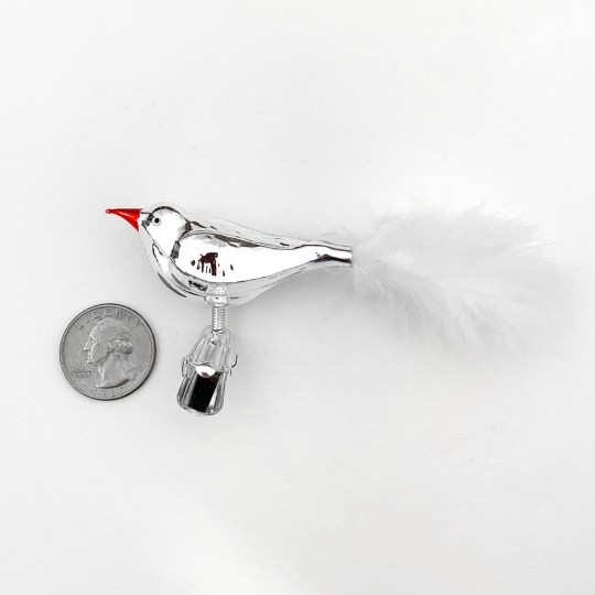 Silver Blown Glass Clipping Bird Ornament ~ Czech Republic ~ 4-1/2" long
