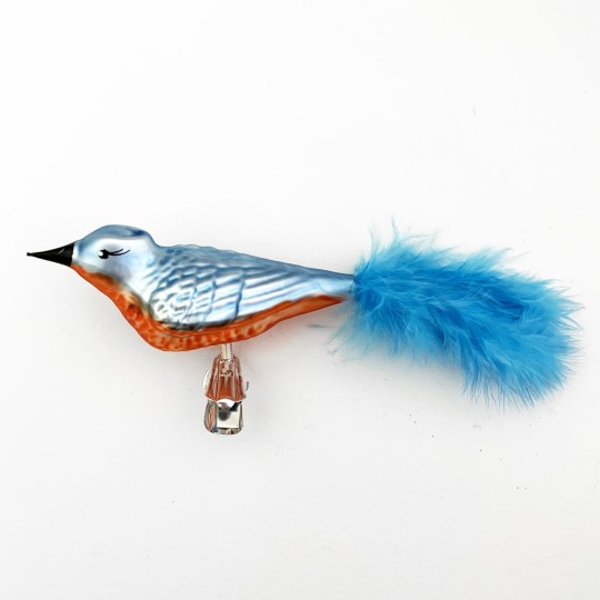 Blue and Orange Blown Glass Clipping Bird Ornament ~ Czech Republic ~ 6" long