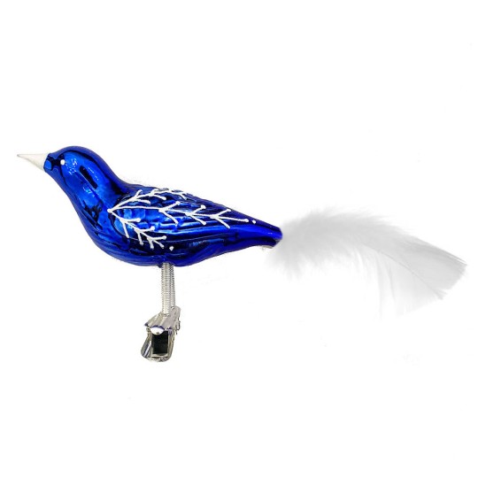 Glossy Blue Blown Glass Clipping Bird Ornament ~ Czech Republic ~ 6" long