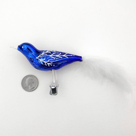 Glossy Blue Blown Glass Clipping Bird Ornament ~ Czech Republic ~ 6" long