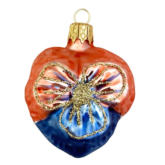 Petite Blown Glass Blue and Orange Pansy Ornament ~ Czech Republic ~ 2" tall