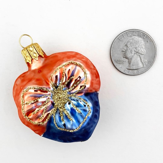 Petite Blown Glass Blue and Orange Pansy Ornament ~ Czech Republic ~ 2" tall