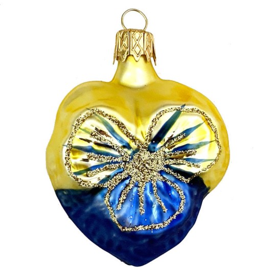 Petite Blown Glass Blue and Yellow Pansy Ornament ~ Czech Republic ~ 2" tall