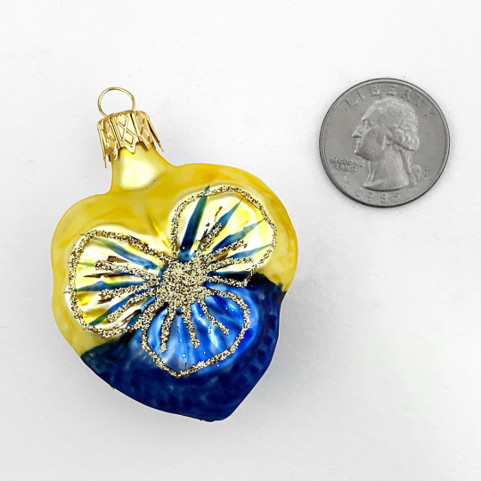 Petite Blown Glass Blue and Yellow Pansy Ornament ~ Czech Republic ~ 2" tall