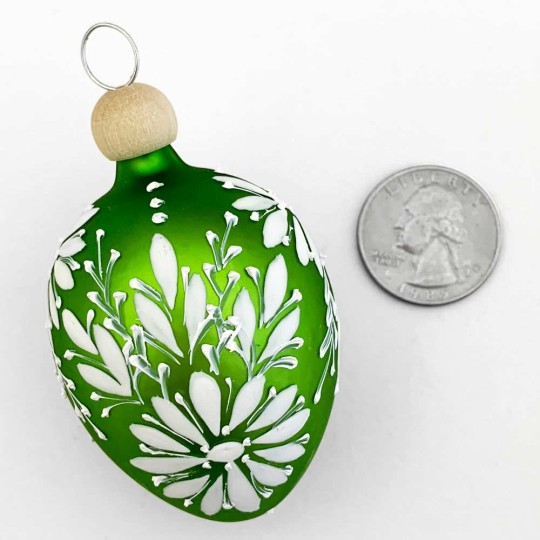 Green Egg with White Flowers Blown Glass Ornament ~ Czech Republic ~ 2-1/2" tall