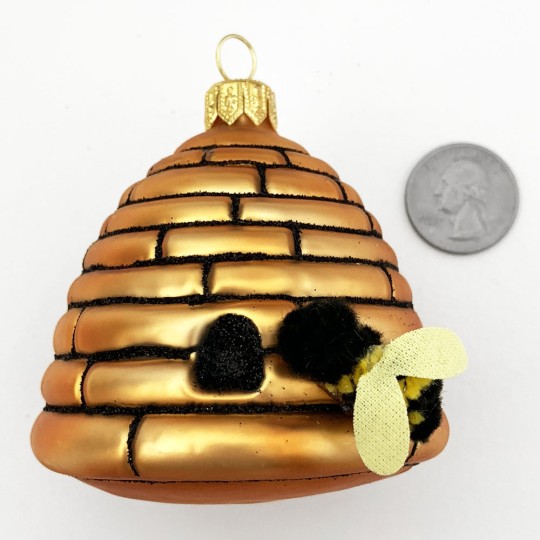 Bee Hive with Bee Blown Glass Ornament ~ Poland ~ 2-5/8" tall