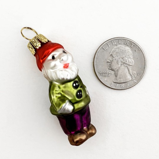 Miniature Dwarf in Green Jacket Blown Glass Ornament ~ Poland ~ 2" tall