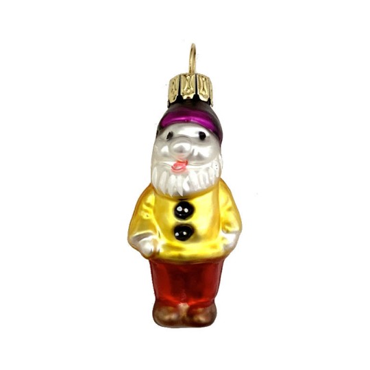 Miniature Dwarf in Yellow Jacket Blown Glass Ornament ~ Poland ~ 2" tall