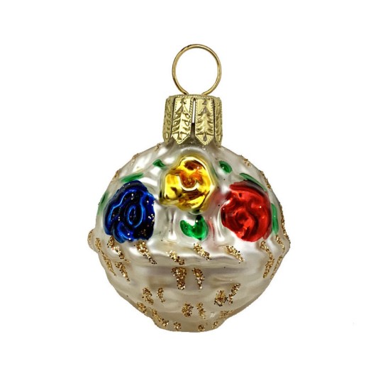 Miniature Flower Basket Blown Glass Ornament ~ Poland ~ 1-1/2" tall