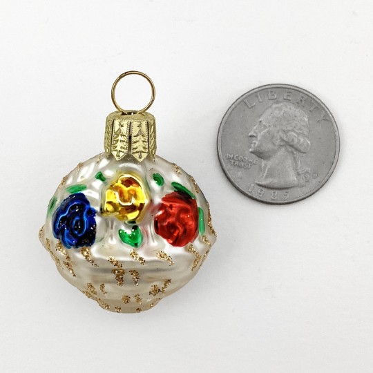 Miniature Flower Basket Blown Glass Ornament ~ Poland ~ 1-1/2" tall