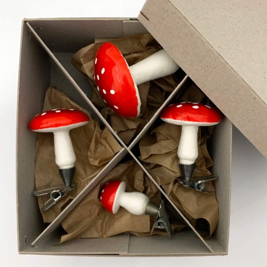 Spun Cotton Clipping Mushroom Ornaments ~ Made in Germany ~ Boxed Set of 4
