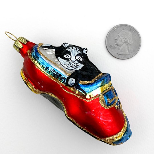 Tuxedo Cat in Red Shoe Blown Glass Ornament ~ Germany ~ 3-5/8" tall