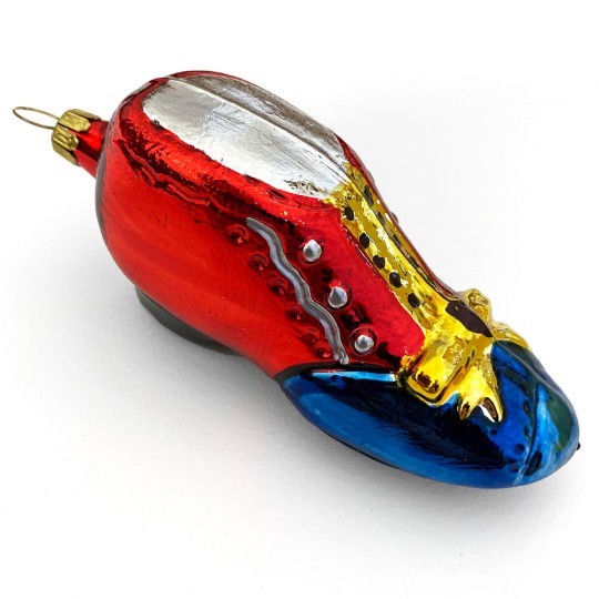Red and Blue Fancy Slipper Shoe Blown Glass Ornament ~ Germany ~ 4" long