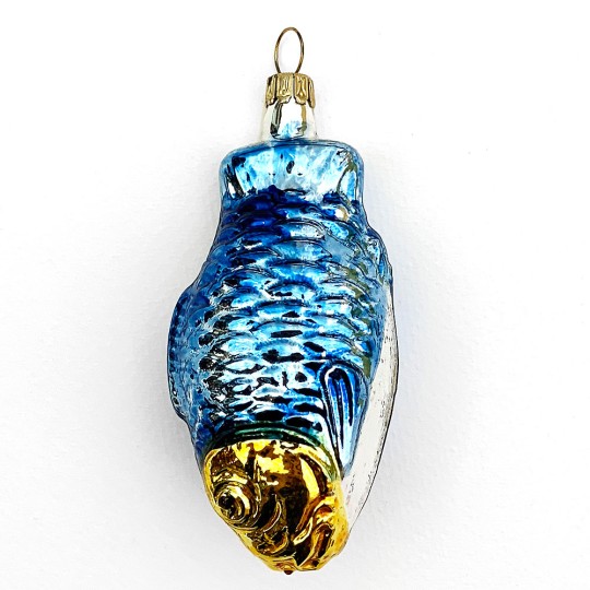 Blue and Gold Fish Blown Glass Ornament ~ Germany ~ 3-1/2" tall