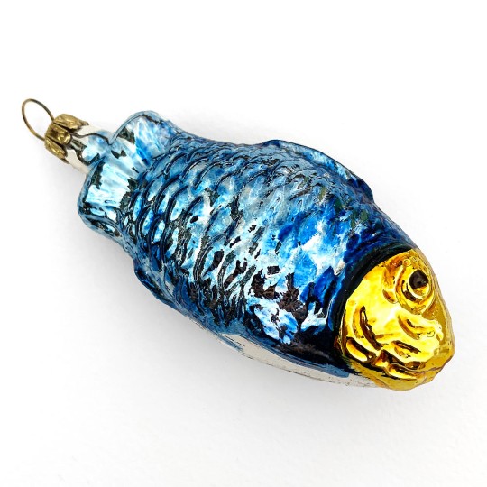 Blue and Gold Fish Blown Glass Ornament ~ Germany ~ 3-1/2" tall