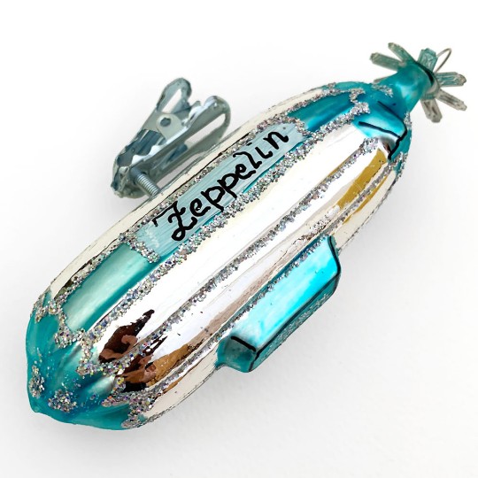Aqua and Silver Clipping Zeppelin Blown Glass Ornament ~ 4" long