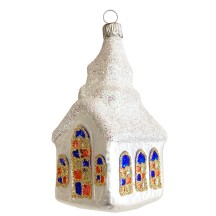 Snowy Church with Painted Windows Blown Glass Ornament ~ Germany ~ 4" tall ~ Blue and Red Windows