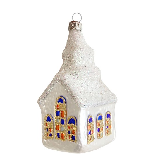 Snowy Church with Painted Windows Blown Glass Ornament ~ Germany ~ 4" tall ~ Blue and Red Windows