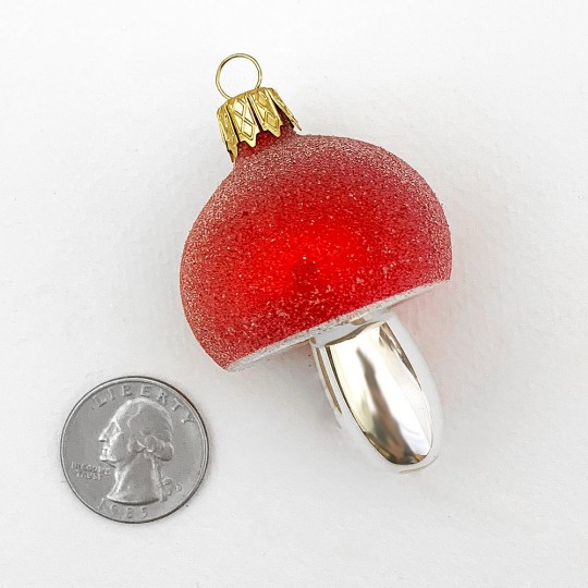 Frosted Red Mushroom Glass Ornament ~ Czech Repub. ~ 2-1/2" tall