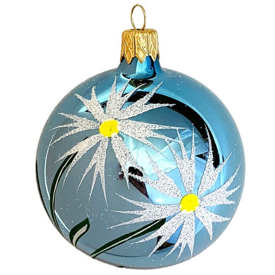 Light Blue with Glittered Flowers Blown Glass Christmas Ornament ~ 2-1/2" tall