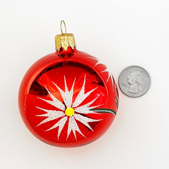 Red with Glittered Flowers Blown Glass Christmas Ornament ~ 2-1/2" tall