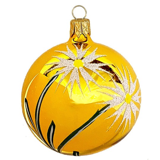 Yellow with Glittered Flowers Blown Glass Christmas Ornament ~ 2-1/2" tall
