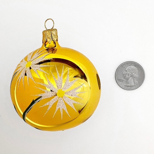 Yellow with Glittered Flowers Blown Glass Christmas Ornament ~ 2-1/2" tall