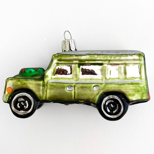 Landrover with Wreath Blown Glass Ornament ~ 2-1/4" tall
