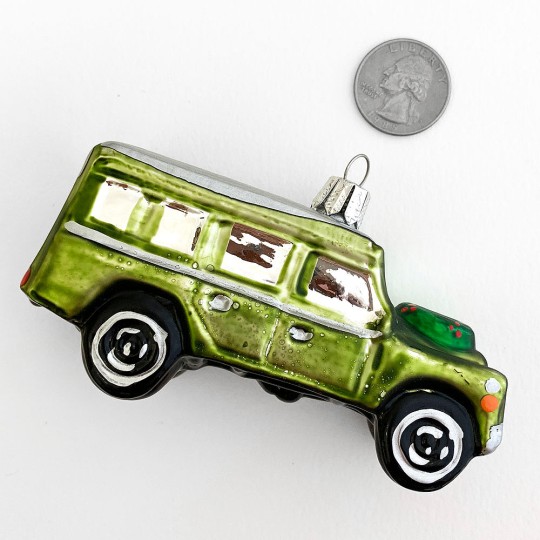 Landrover with Wreath Blown Glass Ornament ~ 2-1/4" tall