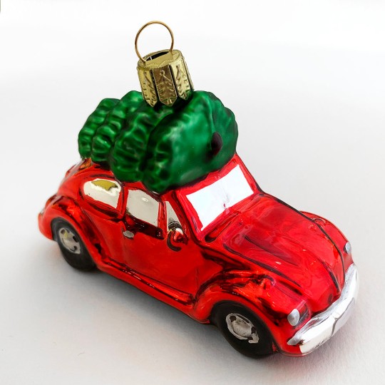 Glossy Red Car with Tree Blown Glass Ornament ~ 2-1/2" tall